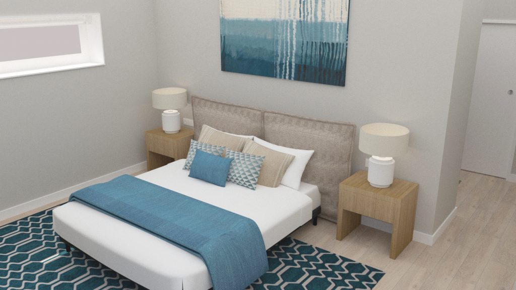 Imagen en 3d de dormitorio diseñado por Tribeca con mobiliario hecho a medida