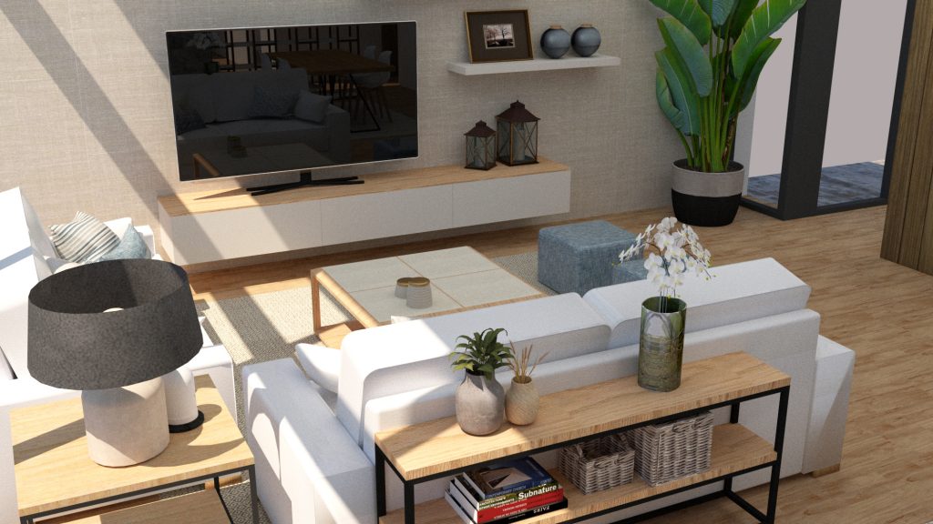 Imagen 3d de salón diseñado por Tribeca con mueble tv, sofás y mesas auxiliares